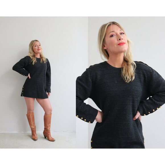 1990's Vintage Charcoal & Wool Sweater Dress Women's Extra Small Medium XS SM MD - Picture 1 of 10